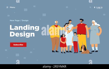 Felice grande famiglia in piedi insieme e sorridente Illustrazione Vettoriale