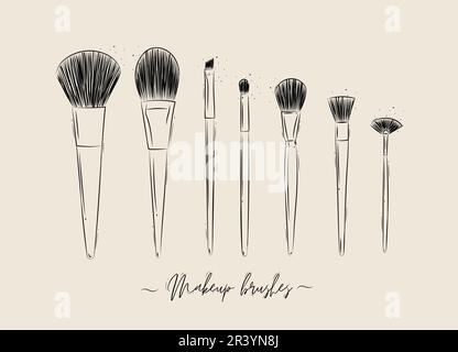 Pennelli per trucco, polvere, fondazione, ombra degli occhi collezione di bellezza disegno su sfondo beige Illustrazione Vettoriale