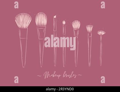 Pennelli per trucco, polvere, fondazione, ombra degli occhi collezione di bellezza disegno su sfondo rosa Illustrazione Vettoriale