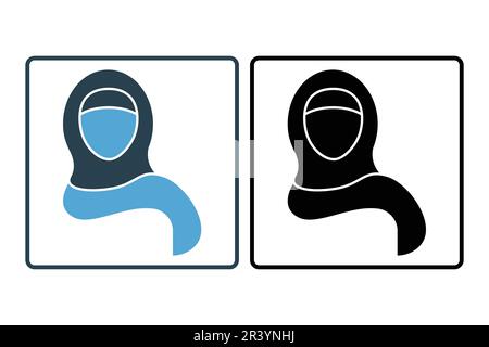 Icona della donna araba Saudita. Donna mediorientale in sciarpa capo, hijab tradizionale arabo islam abbigliamento utilizzato da ragazza musulmana. Design a icone solido. Simpl Illustrazione Vettoriale