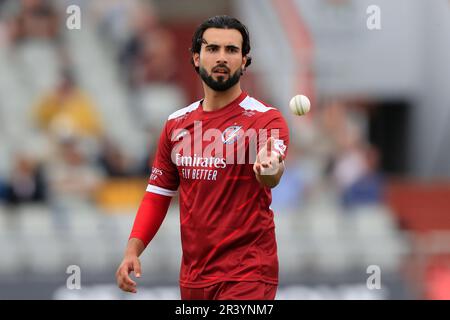 Saqib Mahmood of Lancashire Lightning durante la partita Vitality Blast Lancashire Lightning vs Leicestershire Foxes a Old Trafford, Manchester, Regno Unito, 25th maggio 2023 (Photo by Conor Molloy/News Images) Foto Stock