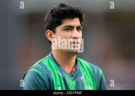 Nassem Shah di Leicestershire Foxes durante la partita Vitality Blast Lancashire Lightning vs Leicestershire Foxes a Old Trafford, Manchester, Regno Unito, 25th maggio 2023 (Photo by Conor Molloy/News Images) Foto Stock