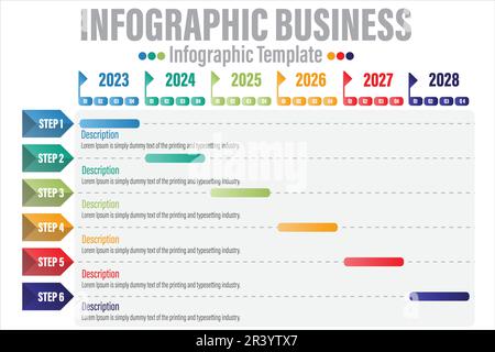 Sei 6 passi Modern Timeline diagramma calendario trimestre con flusso di lavoro mesi e rettangolo , presentazione vettore infografica. Modello infografico per bu Illustrazione Vettoriale