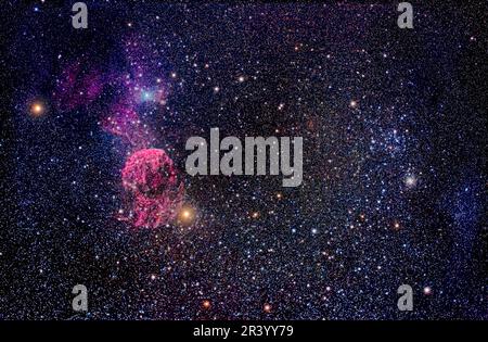 Zona in Gemini contenente il brillante gruppo stellare Messier 35 e la Nebula Jellyfish, con ricchi gruppi stellari. Foto Stock
