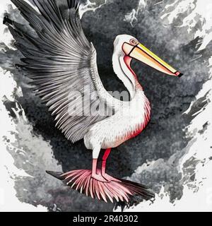 Acquerello su tela. Illustrazione botanica stampabile, motivo in tessuto, per l'uso nella grafica. Pelican nell'illustrazione. Foto Stock