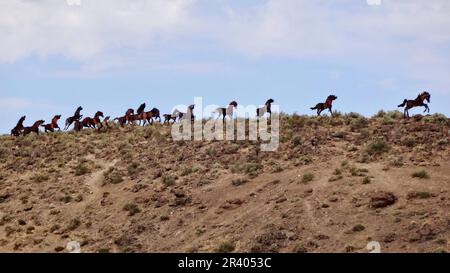 Wild Horses Monument, noto anche come Grandfather taglia i pony, 15 sculture in metallo su un crinale sopra l'Interstate 90 vicino a Vantage. Washington, Stati Uniti Foto Stock