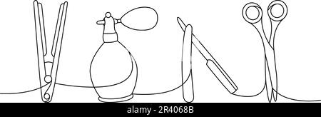 Strumenti per parrucchieri disegno continuo su una linea. Piastra per capelli, spruzzatore di profumi, lama per rasoio, forbici per parrucchieri, illustrazione continua a una riga. Illustrazione Vettoriale