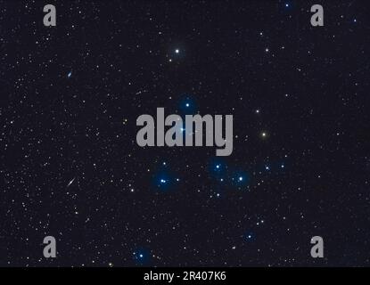 Il gruppo di stelle Coma Berenices, Melotte 111, con stelle che si illuminano dalla foschia nel cielo. Foto Stock