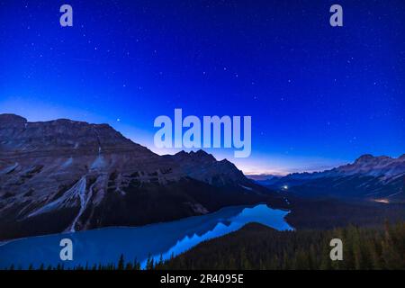 Le stelle di Ursa maggiore sul lago Peyto, Banff, Canada, nel crepuscolo profondo. Foto Stock