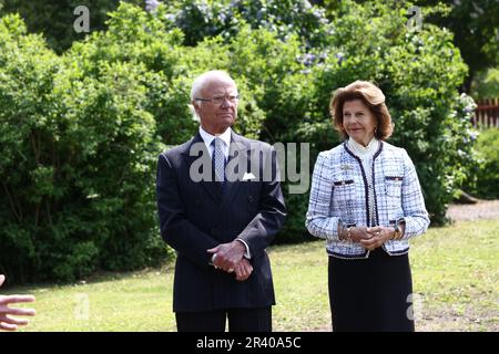 Il re svedese Carl XVI Gustaf e la regina Silvia durante una visita a Linkšping, in Svezia, giovedì, in occasione del Giubileo del 50th del Trono del re di Svezia. Nella foto: La coppia reale durante la cerimonia di piantagione di alberi nel giardino del castello. Foto Stock