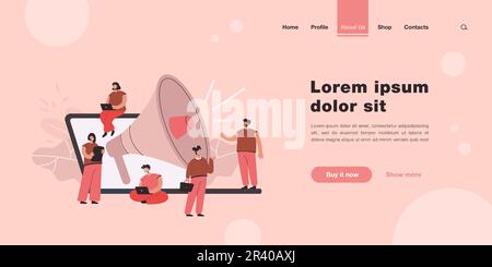 Cartoni animati piccoli gestori con altoparlante gigante e notebook Illustrazione Vettoriale