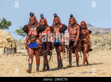 Gruppo di donne della tribù Himba cammina attraverso il deserto in abiti nazionali. Foto Stock