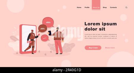 Piccolo uomo che chiacchiera online con l'assistente ai Illustrazione Vettoriale