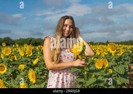 Una bella modella bionda posa all'aperto mentre godendo il tempo estivo in Un campo di girasoli selvatici Foto Stock