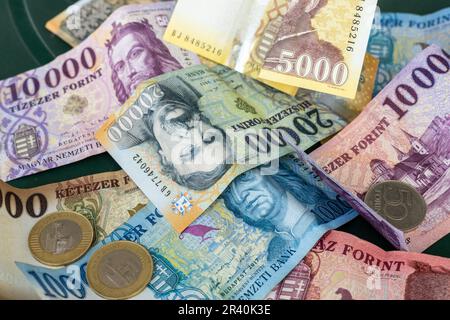 Moneta ungherese, moneta, tutte le banconote e monete, moneta nazionale, primo piano Foto Stock