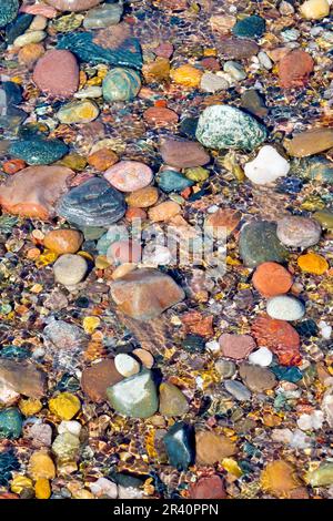 Primo piano astratto di un torrente poco profondo che scorre su una moltitudine di ciottoli bagnati e colorati sulla spiaggia mentre si dirige verso il mare. Foto Stock