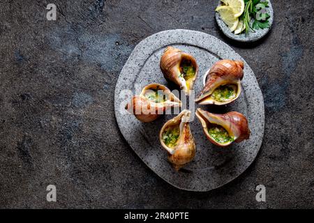 Cileno lumache giganti con burro e aglio ed erbe sulla pietra grigia piastra. escargot dall'oceano pacifico Foto Stock