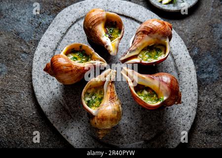 Cileno lumache giganti con burro e aglio ed erbe sulla pietra grigia piastra. escargot dall'oceano pacifico Foto Stock