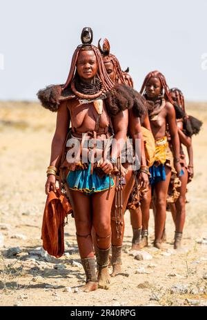 Gruppo di donne della tribù Himba cammina attraverso il deserto in abiti nazionali. Foto Stock