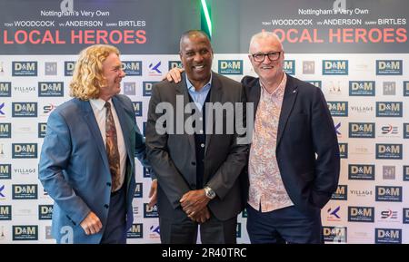 Le star principali Tony Woodcock, viv Anderson e Garry Birtles durante la prima mondiale del documentario Local Heroes al cinema Arc, Beeston, Nottingham il 25 maggio 2023 (Foto di Ritchie Sumpter/Alamy Live News) Foto Stock