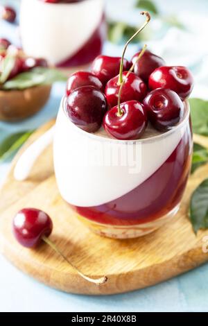 Panna cotta con gelatina di ciliegia dolce su un tavolo in pietra, dessert italiano, cucina fatta in casa. Foto Stock