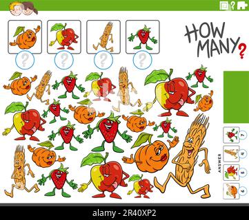 Illustrazione cartoon di attività di conteggio educativo con oggetti di frutta e verdura Illustrazione Vettoriale