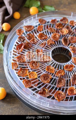 Il processo di cucina casalinga frutta secca o candita in un asciugatore elettrico su una tavola rustica. Frutte per immagazzinaggio e consump Foto Stock