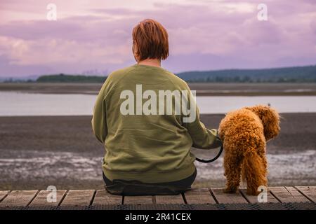 Vista da dietro di una donna e del suo cane seduti sulla panchina. Donna Yong con il cane che riposa su una panca mentre cammina il cane. Famiglia, animale domestico, animale un Foto Stock