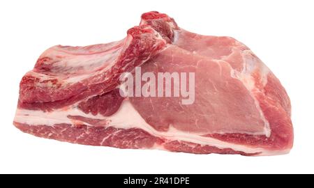 Bistecca di maiale crudo sull'osso isolato su sfondo bianco Foto Stock