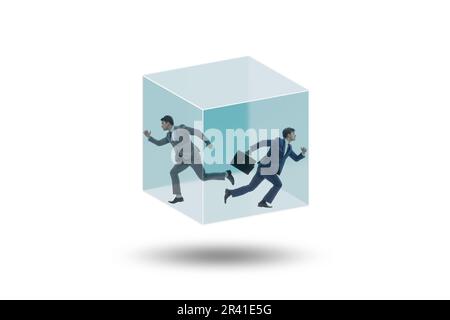 Uomo d'affari intrappolato in vetro cubo trasparente Foto Stock