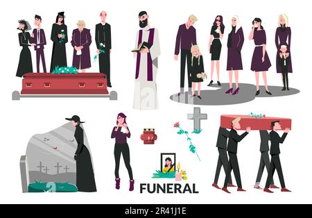 Composizione di morte funeraria piatta insieme famiglia addolorata in piedi dalla gente di bara piangendo gli uomini in nero che trasportano la bara una vedova che visita suo marito Illustrazione Vettoriale