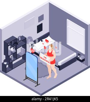 SEF stima miglioramento composizione isometrica con vista interna della camera da letto con carattere femminile guardando in specchio vettore illustrazione Illustrazione Vettoriale