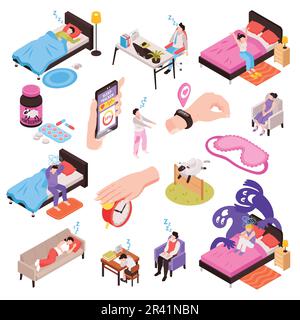 Set di sonno sano con simboli isometrici isolati simboli di coricarsi Illustrazione Vettoriale