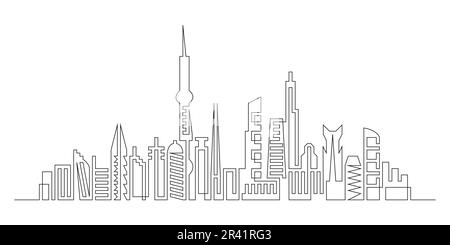 Disegno a linea continua della casa, concetto di edificio residenziale. Moderno e trendy paesaggio urbano con un'unica illustrazione lineare. Illustrazione Vettoriale
