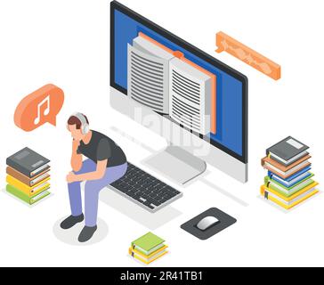 Audio libri composizione isometrica con icone di computer desktop stack libro e seduto ragazzo in cuffie vettore illustrazione Illustrazione Vettoriale