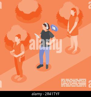 Audio libri composizione di sfondo isometrica con vista arancione della ragazza sulla strada con smartphone indossando cuffie illustrazione vettoriale Illustrazione Vettoriale
