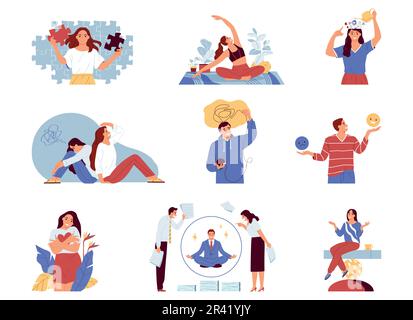Salute mentale icone a colori piatte set con astratto psicologico cura simboli isolato vettore illustrazione Illustrazione Vettoriale
