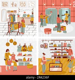 Shopping persone 2x2 design concept set di quattro scene con acquirenti in negozio di moda interno piatto vettore illustrazione Illustrazione Vettoriale