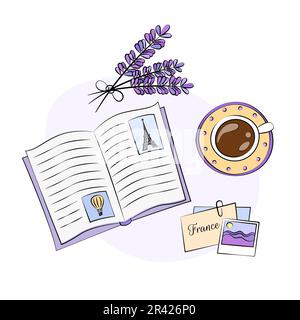 Ricordi di vacanza illustrazione vettoriale. Nostalgia per un viaggio in Francia. Un nostalgico diario o libro, una tazza di caffè, una foto dei campi di lavanda e la Torre Eiffel Illustrazione Vettoriale