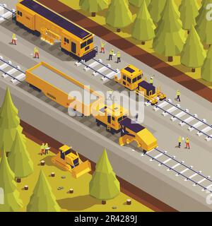 Processo di posa di binari ferroviari isometrici con macchinari ferroviari e lavoratori 3D illustrazione vettoriale Illustrazione Vettoriale