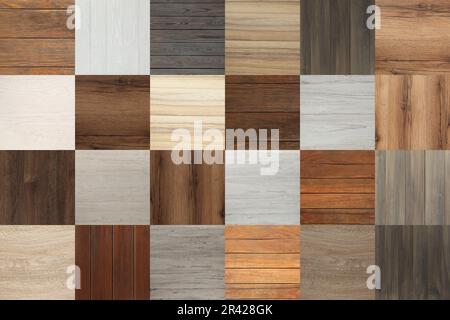 Collage con diverse superfici di legno ricoperte di vernice o macchia di legno Foto Stock