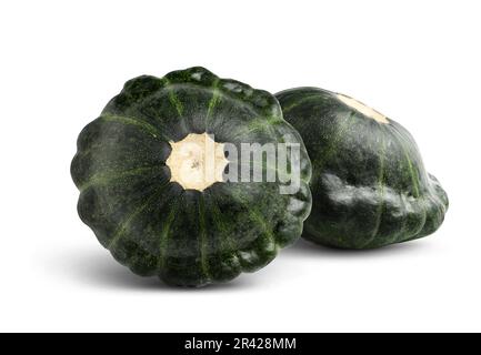 Due freschi polptypan verdi squash su sfondo bianco Foto Stock