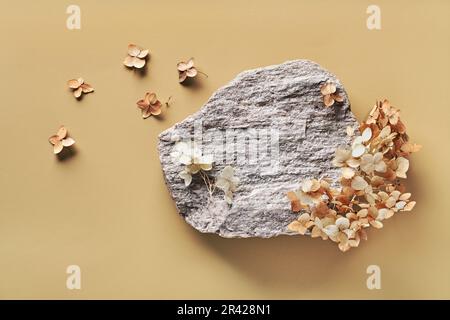 Pietra arrotondata e fiori secchi. Sfondo per la presentazione di prodotti ecologici e a zero rifiuti in colori terreni Foto Stock