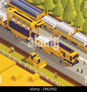 Processo di posa di binari ferroviari con operai e traversine su tracklayer 3D illustrazione vettoriale isometrica Illustrazione Vettoriale