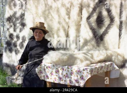 Maramures County, Romania, 2001. Donna locale che fa e vende tradizionali coperte di lana. Mentre aspetta, sta girando la lana usando un mandrino. Foto Stock