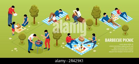 Diagramma di flusso del barbecue isometrico con le persone che preparano il grill su illustrazione del vettore picnic Illustrazione Vettoriale