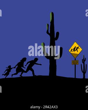 Una madre, un padre e una figlia corrono nel deserto di notte. Questa è la stessa famiglia che appare su segni di attraversamento alieno vicino al confine USA Messico. Illustrazione Vettoriale