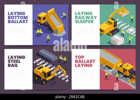 Set di quattro striscioni orizzontali isolati con binario ferroviario isometrico posa veicoli da costruzione apparecchiature ferroviarie macchine illustrazione vettoriale Illustrazione Vettoriale