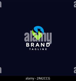 Due frecce all'interno dell'icona a forma di spillo Logo Design. Simbolo semplice della freccia bidirezionale all'interno dell'icona del punto caldo. Illustrazione Vettoriale