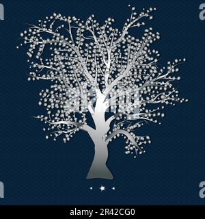 Albero in gradiente d'argento. Disegno di albero di vita. Foglie e rami d'argento. Parete stampabile art. Design minimalista Illustrazione Vettoriale